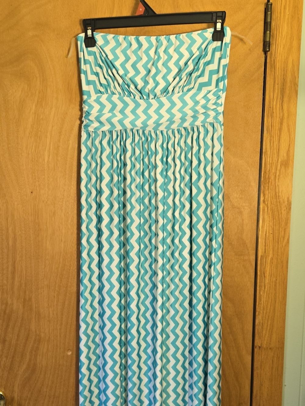 Yahada Strapless Chevron Maxi Dress in Teal and White